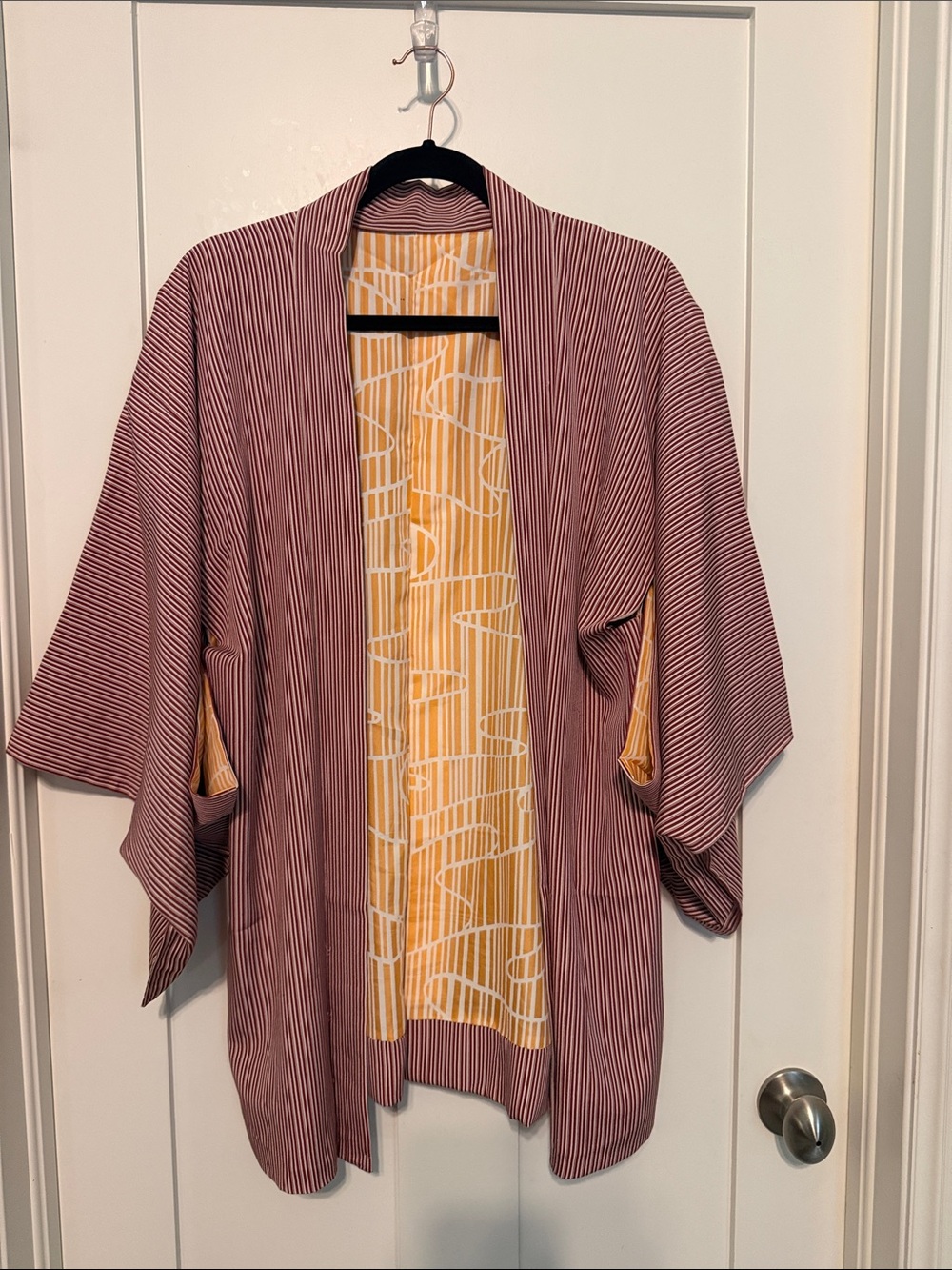 Vintage Striped Open-Front Kimono Traditional Japanese Haori Jacket Crimson